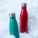 Two insulated steel water bottles.