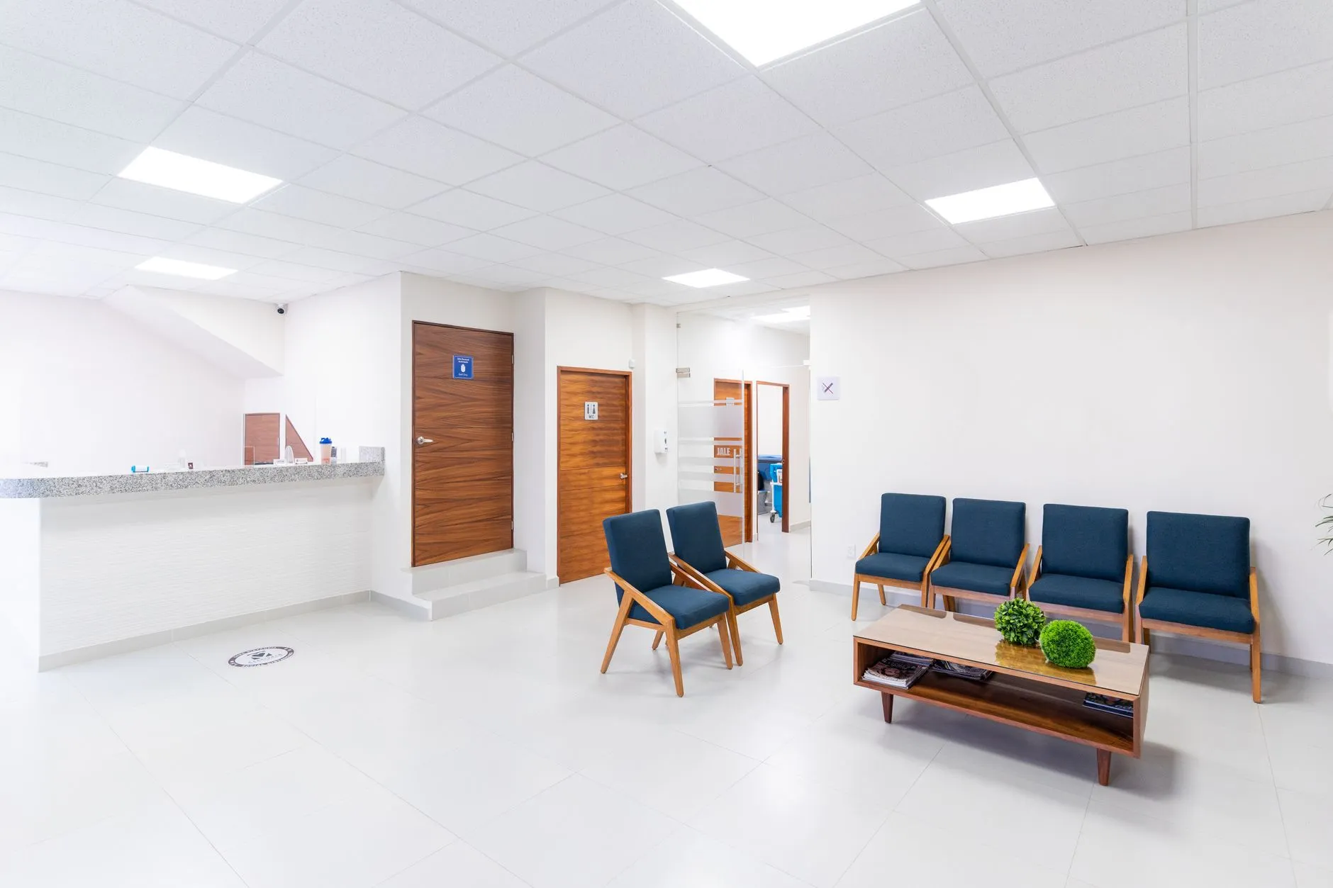 A bright, clean clinic waiting room with modern seating.